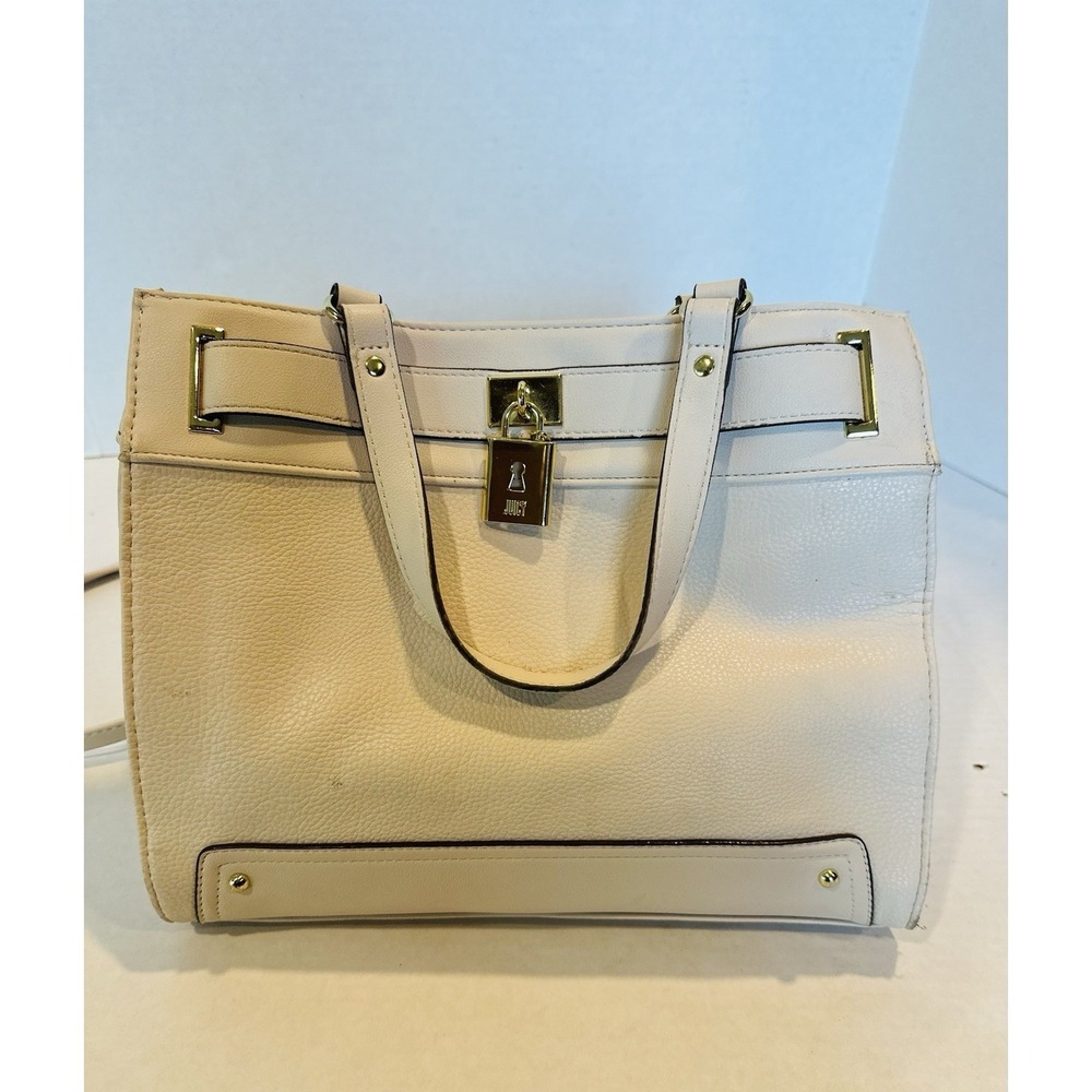 Juicy Couture Ulock Key Satchel Purse Crossbody Pebble Faux Leather Cream Gold